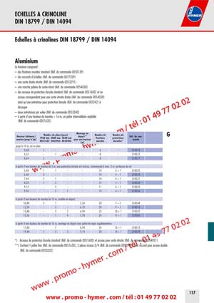 ECHELLES A CRINOLINE 
DIN 18799 / DIN 14094 



&Eacute;chelles &agrave; crinolines DIN 18799 / DIN 14094 


Aluminium 

La livraison comprend : 

&ndash; des fixations murales standard (R&eacute;f. de commande 0050139) 
&ndash; des raccords d&lsquo;&eacute;chelles (R&eacute;f. de commande 0077209) 
&ndash; une sortie droite &eacute;troite (R&eacute;f. de commande 0053291) 
&ndash; une marche pali&egrave;re de sortie &eacute;troit (R&eacute;f. de commande 0054038) 
&ndash; des arceaux de protection dorsale standard (R&eacute;f. de commande 0051600) et un 
arceau correspondant pour une sortie &eacute;troite droite (R&eacute;f. de commande 0054038) 
ainsi qu&lsquo;une entretoise pour protection dorsale (R&eacute;f. de commande 002342) &agrave; 
d&eacute;couper 
&ndash; deux entretoises par vol&eacute;e (R&eacute;f. de commande 0053340) 
&ndash; &agrave; partir d&lsquo;une hauteur de mont&eacute;e > 16 m, un palier interm&eacute;diaire repliable 
(R&eacute;f. de commande 0051635) 

-


59 
&agrave; partir d&lsquo;une hauteur de mont&eacute;e de 16 m, montage en d&eacute;port avec palier de repos suppl&eacute;mentaire 
17,80 -7 -8,90 24 13 + 1 318573 

15,56 -1 4 7,78 24 11 + 1 318565 

19,48 1 3 3 9,74 28 14 + 1 318579 

*) Arceaux de protection dorsale standard (R&eacute;f. de commande 0051600) et arceau pour sortie &eacute;troite (R&eacute;f. de commande 0054051) 

**) Contient 1 palier fixe (R&eacute;f. de commande 0051630), 2 pi&egrave;ces arceau 3/4 (R&eacute;f. de commande 0053981) avec raccord pour arceau double 
(R&eacute;f. de commande 0053332) 
